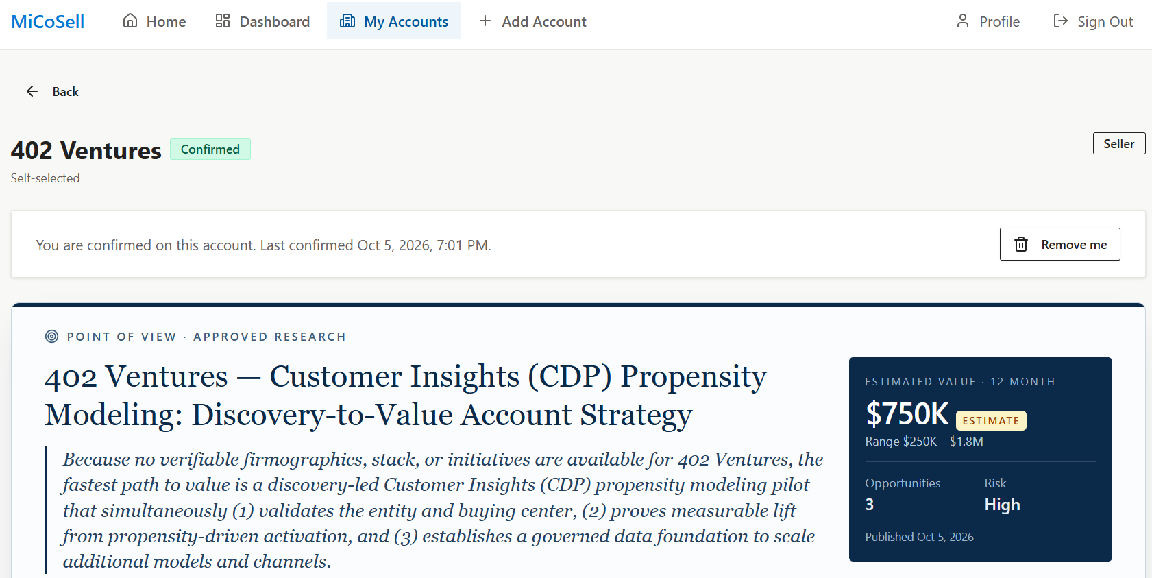 Existing MICOSELL portal showing seller-confirmed account coverage and a shared account point of view